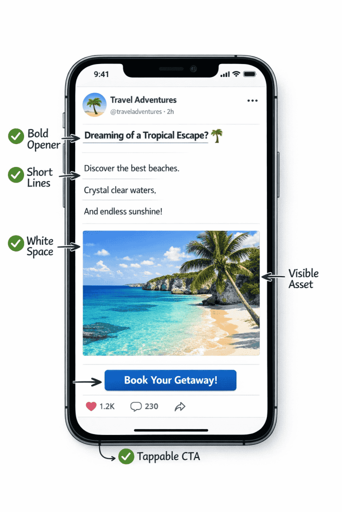 Mobile-optimized social media post anatomy showing bold opener short lines tappable CTA and white space design