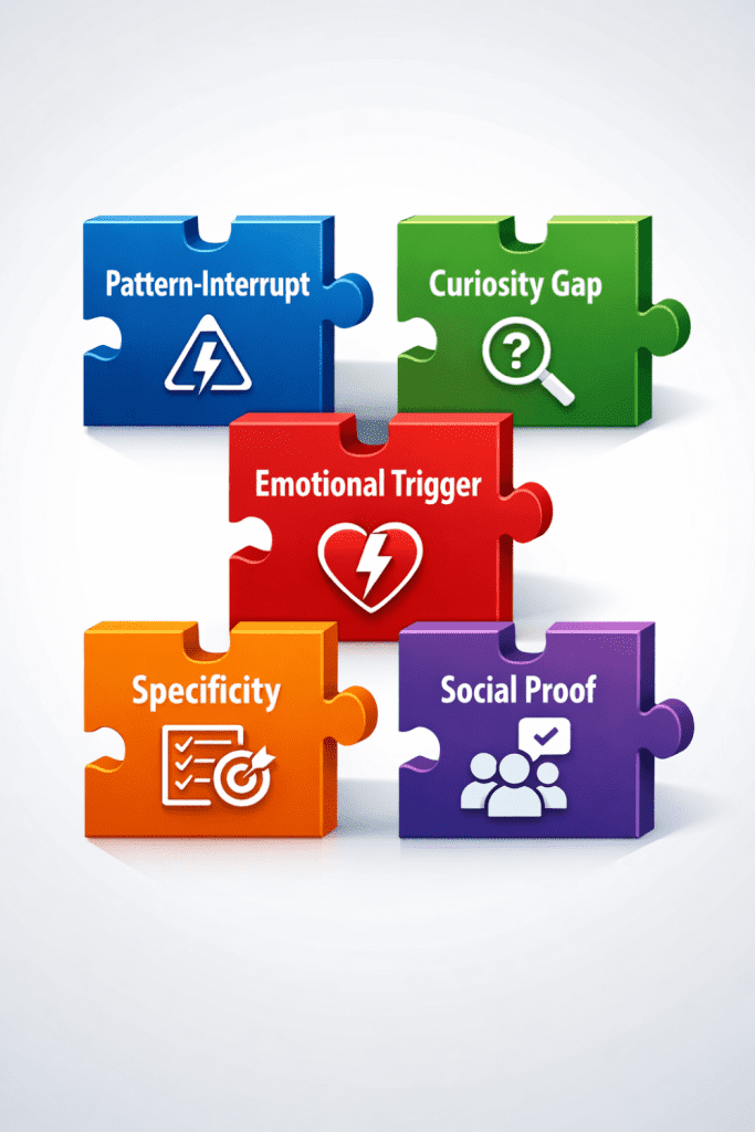 Five elements of viral social media hooks infographic - pattern interrupt curiosity gap emotional trigger specificity social proof