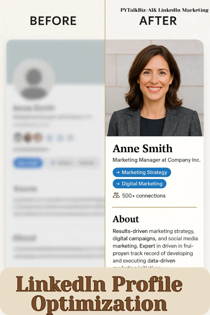 Graphic showing the process of LinkedIn Profile optimization and tuning, including tips for the best profile picture and personal branding.