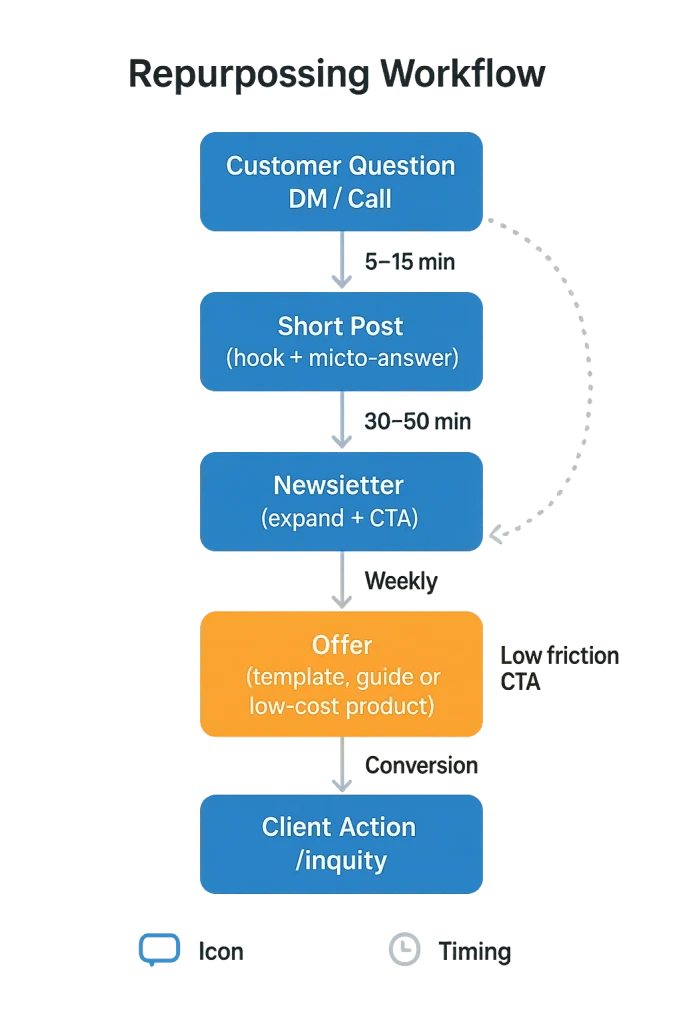 Infographic cheat sheet with five tiles: Client story, Teaching, Building in public, Hook posts, and Offer/newsletter invite.